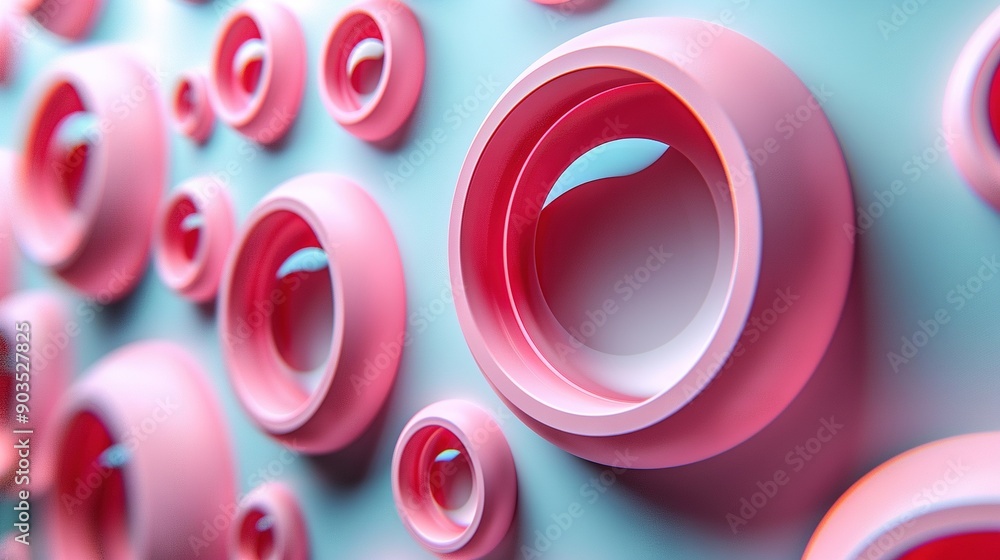 A close-up of multiple pink items against a blue background with a slightly lighter blue backdrop A close-up of multiple pink items against a blue background with a slightly lighter blue backdrop