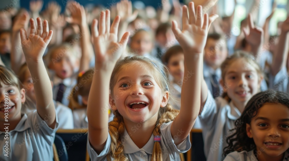 A group of enthusiastic pupils raises their hands in a classroom, showcasing their active participation and engagement in their education A group of enthusiastic pupils raises their hands in a classroom, showcasing their active participation and engagement in their education