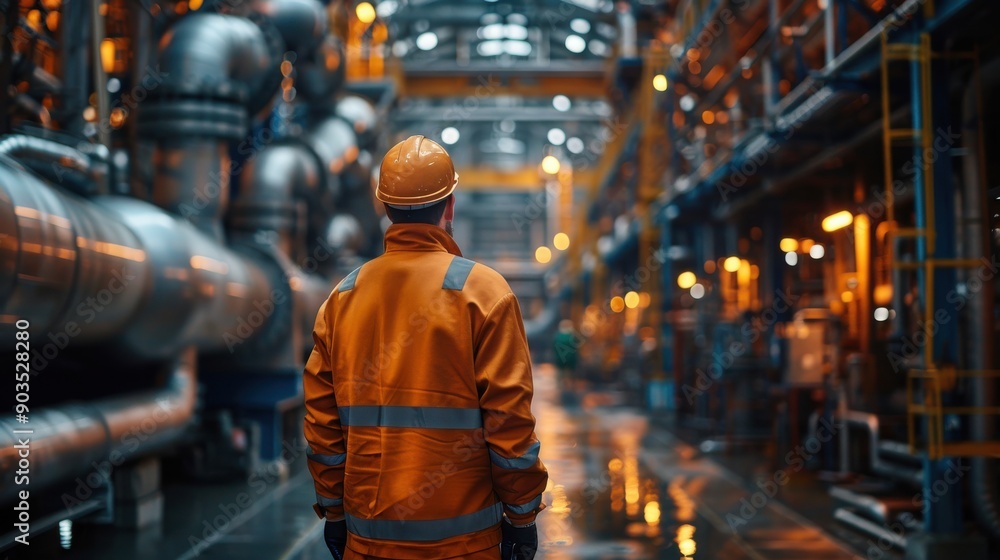 A male engineer inspects industrial pipelines and crude oil drilling rigs in a sizable factory located behind an upstream subsea crude oil and gas production facility A male engineer inspects industrial pipelines and crude oil drilling rigs in a sizable factory located behind an upstream subsea crude oil and gas production facility