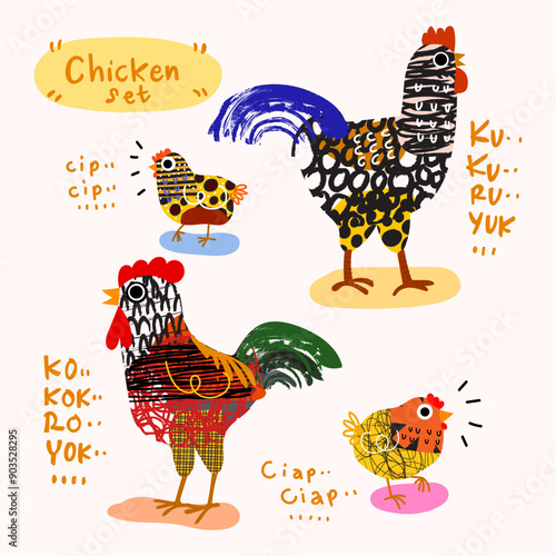 Chicken, hen, rooster, cock poultry farm animal character vector illustration. Rough line art, hand drawing domestic bird collection.