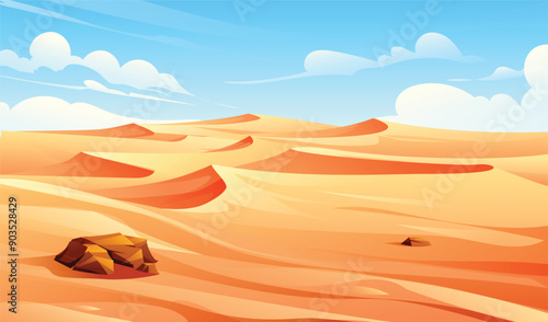 Desert landscape with sand dunes and blue sky. Nature background vector cartoon illustration