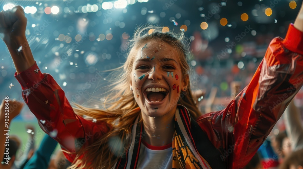 Obraz premium A passionate cheering woman demonstrates the joy of sports as she becomes fully engrossed in the excitement of a soccer match against an exuberant crowd in the backdrop