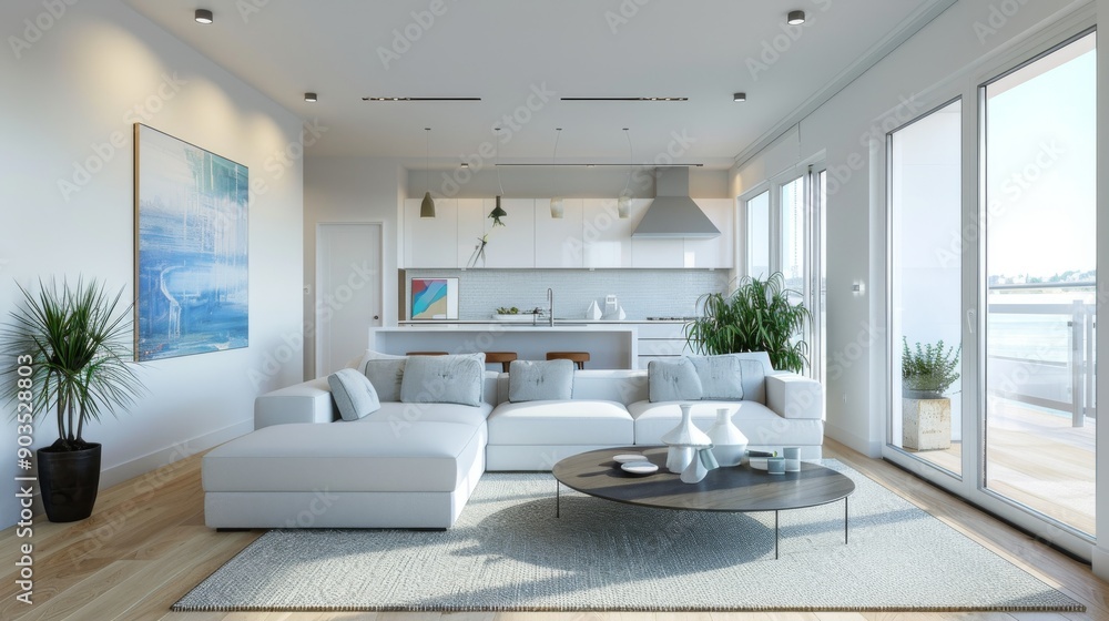 Fototapeta premium Interior Design of Living Room with Soft Blue Color Theme