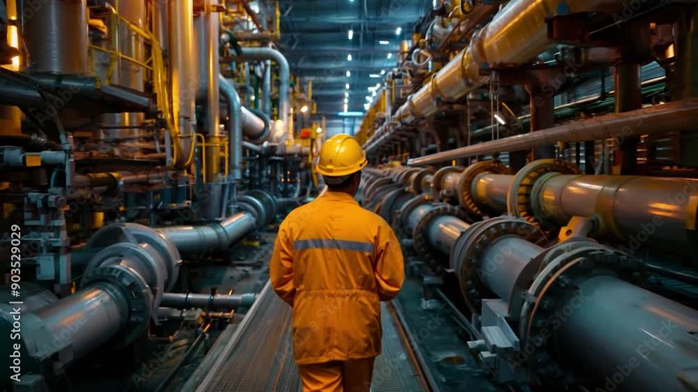 Back view of a male engineer inspecting an industrial pipeline and crude oil drilling platform in a large factory located behind an upstream underwater crude oil and gas processing plant. Back view of a male engineer inspecting an industrial pipeline and crude oil drilling platform in a large factory located behind an upstream underwater crude oil and gas processing plant.