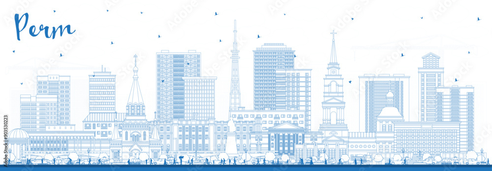 Outline Perm Russia city skyline with blue buildings. Perm cityscape with landmarks. Business travel and tourism concept with modern and historic architecture. Outline Perm Russia city skyline with blue buildings. Perm cityscape with landmarks. Business travel and tourism concept with modern and historic architecture.
