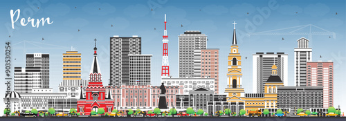 Perm Russia city skyline with color buildings and blue sky. Perm cityscape with landmarks. Business travel and tourism concept with modern and historic architecture.