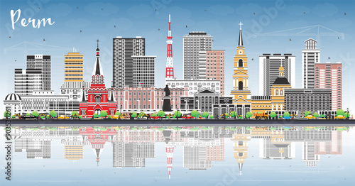 Perm Russia city skyline with color buildings, blue sky and reflections. Perm cityscape with landmarks. Business travel and tourism concept with modern and historic architecture.