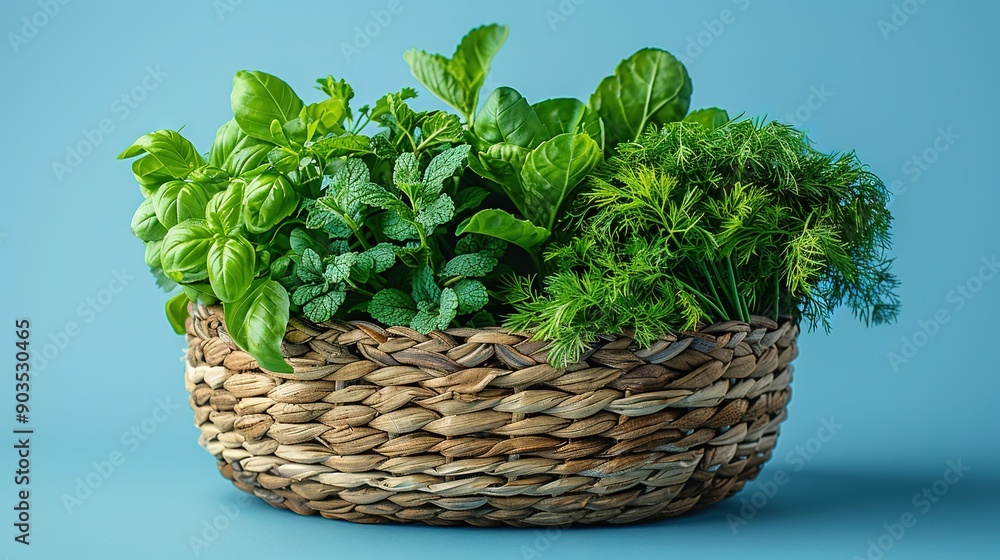 A basket brimming with diverse green foliage against a blue backdrop and adjacent blue wall A basket brimming with diverse green foliage against a blue backdrop and adjacent blue wall
