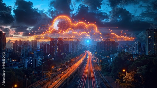 cloud computing with a speeding train on a city background © UZAIR