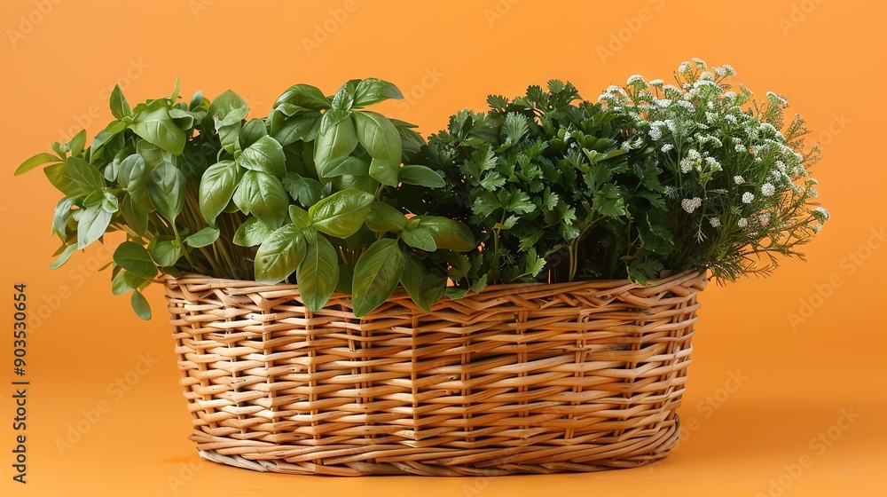 A basket brimming with numerous green plants rests atop a sunny yellow table, adjacent to a planter adorned with radiant white blossoms A basket brimming with numerous green plants rests atop a sunny yellow table, adjacent to a planter adorned with radiant white blossoms