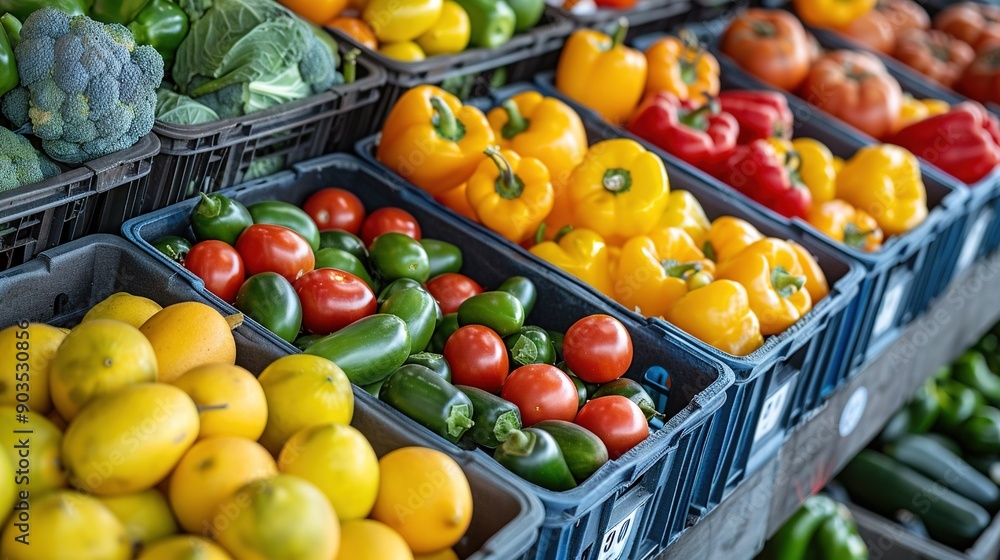 A store displays a variety of fresh produce, arranged in several baskets for customers to choose from A store displays a variety of fresh produce, arranged in several baskets for customers to choose from