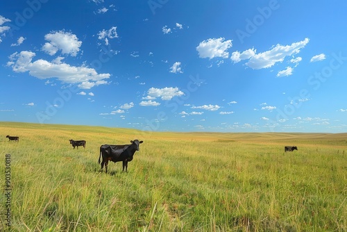 Photo realistic prairie landscape, clear sky, grazing livestock, fluffy clouds, ultrarealistic, highdetail, wideangle shot, vibrant colors, serene scene, stunning visual depth