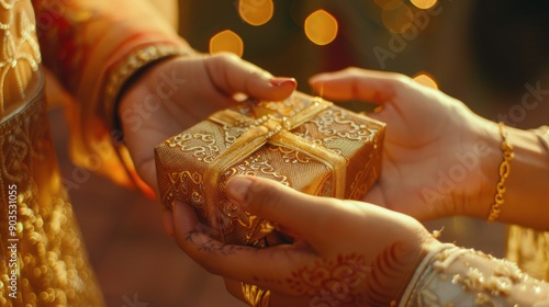 close-up of hands exchanging beautifully wrapped gifts on Eid, representing the spirit of generosity and love during this special occasion photo