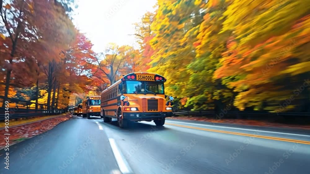 A dynamic image captures multiple school buses in motion against a backdrop of colorful fall leaves, representing renewed energy and learning opportunities as students head back to class A dynamic image captures multiple school buses in motion against a backdrop of colorful fall leaves, representing renewed energy and learning opportunities as students head back to class