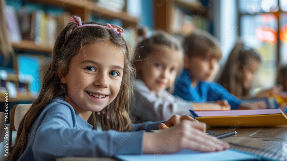 Dedicated kids study together at their desks, utilizing textbooks and notebooks to enhance their academic performance Dedicated kids study together at their desks, utilizing textbooks and notebooks to enhance their academic performance