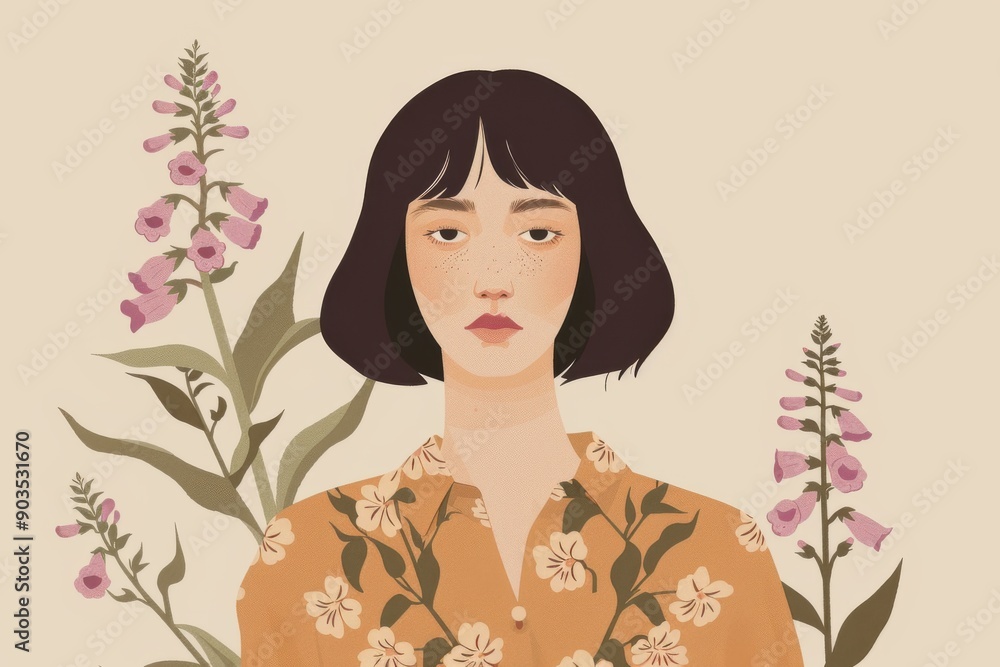 Chinese minimalism illustration, portrait of a fair-skinned woman with short, bob-cut dark brown hair, wearing a boho blouse, flat illustration Chinese minimalism illustration, portrait of a fair-skinned woman with short, bob-cut dark brown hair, wearing a boho blouse, flat illustration