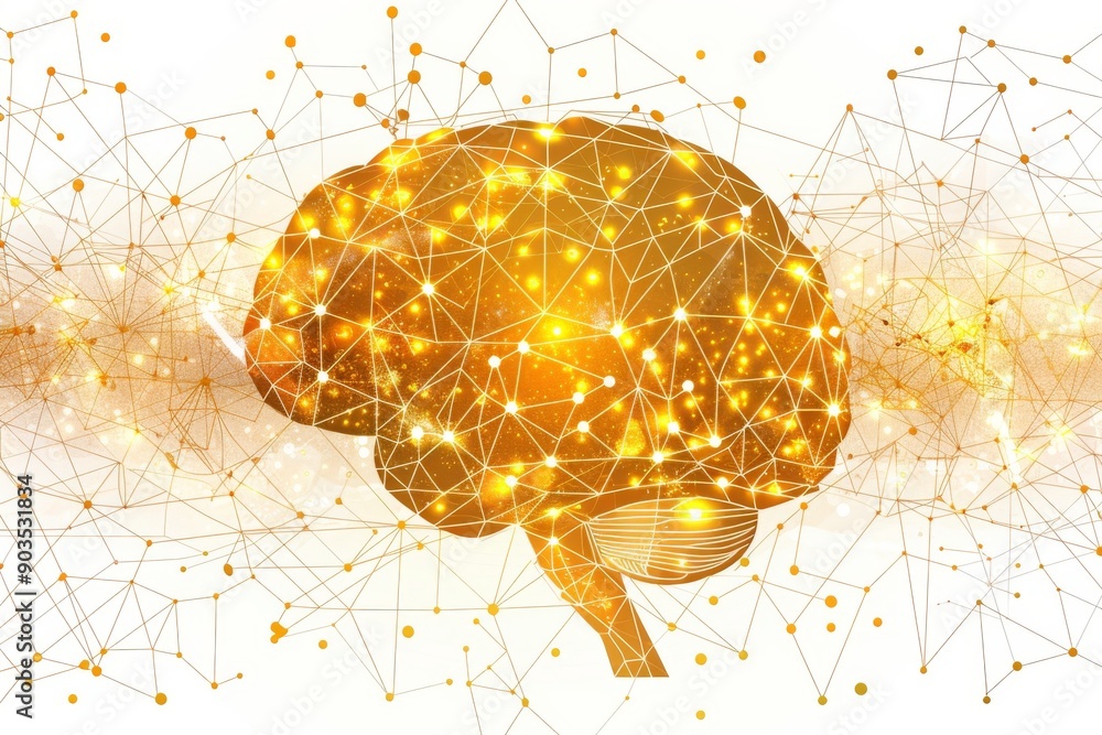 Abstract digital illustration of a brain with glowing nodes and lines ...