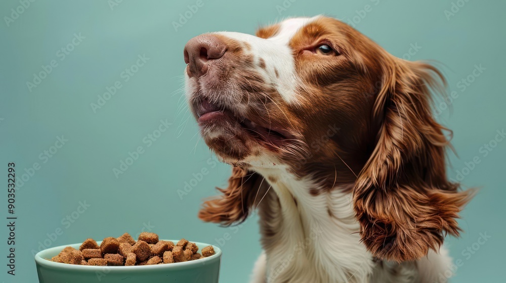 Brittany dog eating dog food , studio shot isolated on single color background ,editorial style, shoot by DSLR. Brittany dog eating dog food , studio shot isolated on single color background ,editorial style, shoot by DSLR.