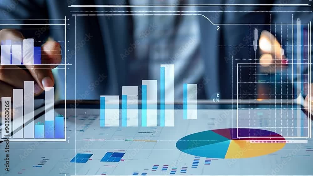 A businessman examines sales data, financial reports, and a graph showing the company's growth on a tablet. Financial report planning and strategy for business, finance, and investment concepts