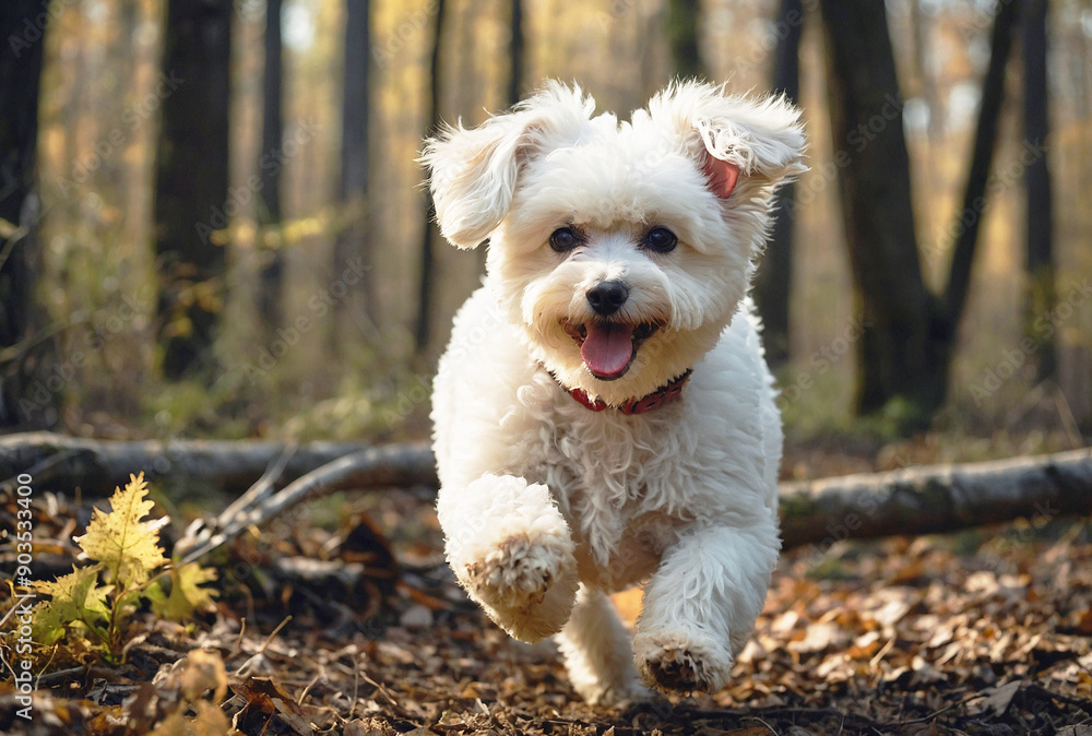 Happy White Dog Running Through a Forest in Autumn Happy White Dog Running Through a Forest in Autumn