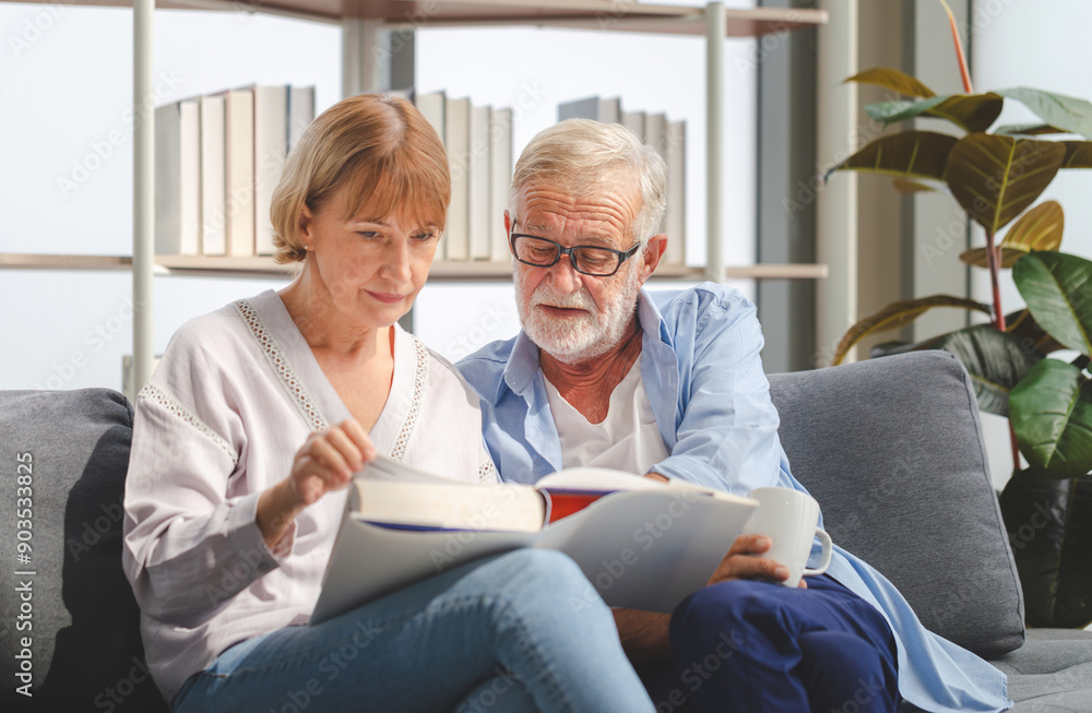 Senior couple reading and relax with coffee in living room, Elderly woman and a man relaxing on cozy sofa at home Senior couple reading and relax with coffee in living room, Elderly woman and a man relaxing on cozy sofa at home