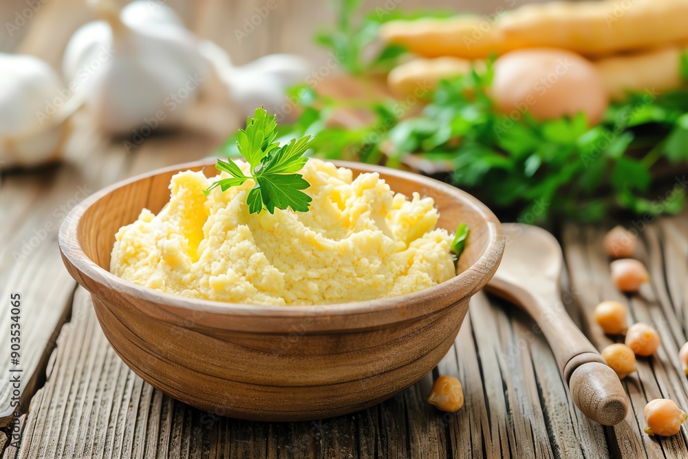 Mashed chickpeas in a small bowl, Baby food, Protein and fiber Mashed chickpeas in a small bowl, Baby food, Protein and fiber
