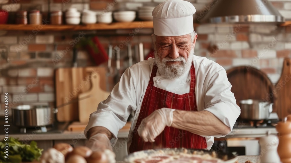 Elderly chef wearing a white uniform and apron passionately engaged in culinary arts highlighting the joy and creativity of cooking with a focus on depth of field in the kitchen setting Elderly chef wearing a white uniform and apron passionately engaged in culinary arts highlighting the joy and creativity of cooking with a focus on depth of field in the kitchen setting
