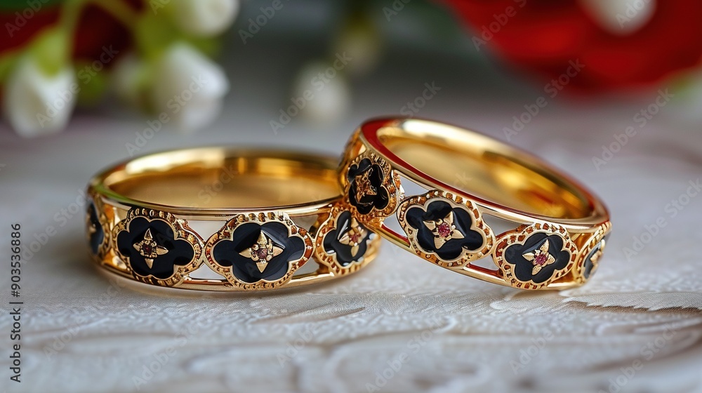Close-up of two wedding rings on a table with white cloth and flowers in the background Close-up of two wedding rings on a table with white cloth and flowers in the background