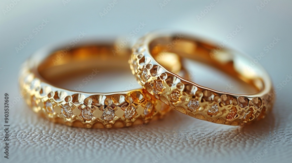 A pair of golden wedding bands resting atop a white table alongside one another A pair of golden wedding bands resting atop a white table alongside one another