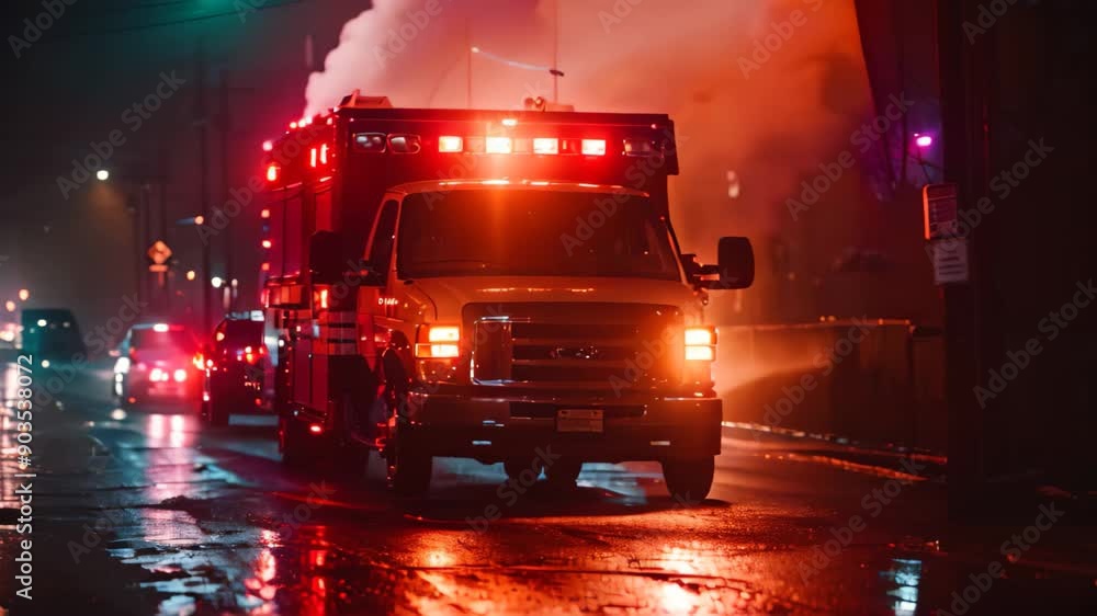 Two trucks parked on a city street with buildings in the background, The bright lights of an ambulance flashing in the dark Two trucks parked on a city street with buildings in the background, The bright lights of an ambulance flashing in the dark