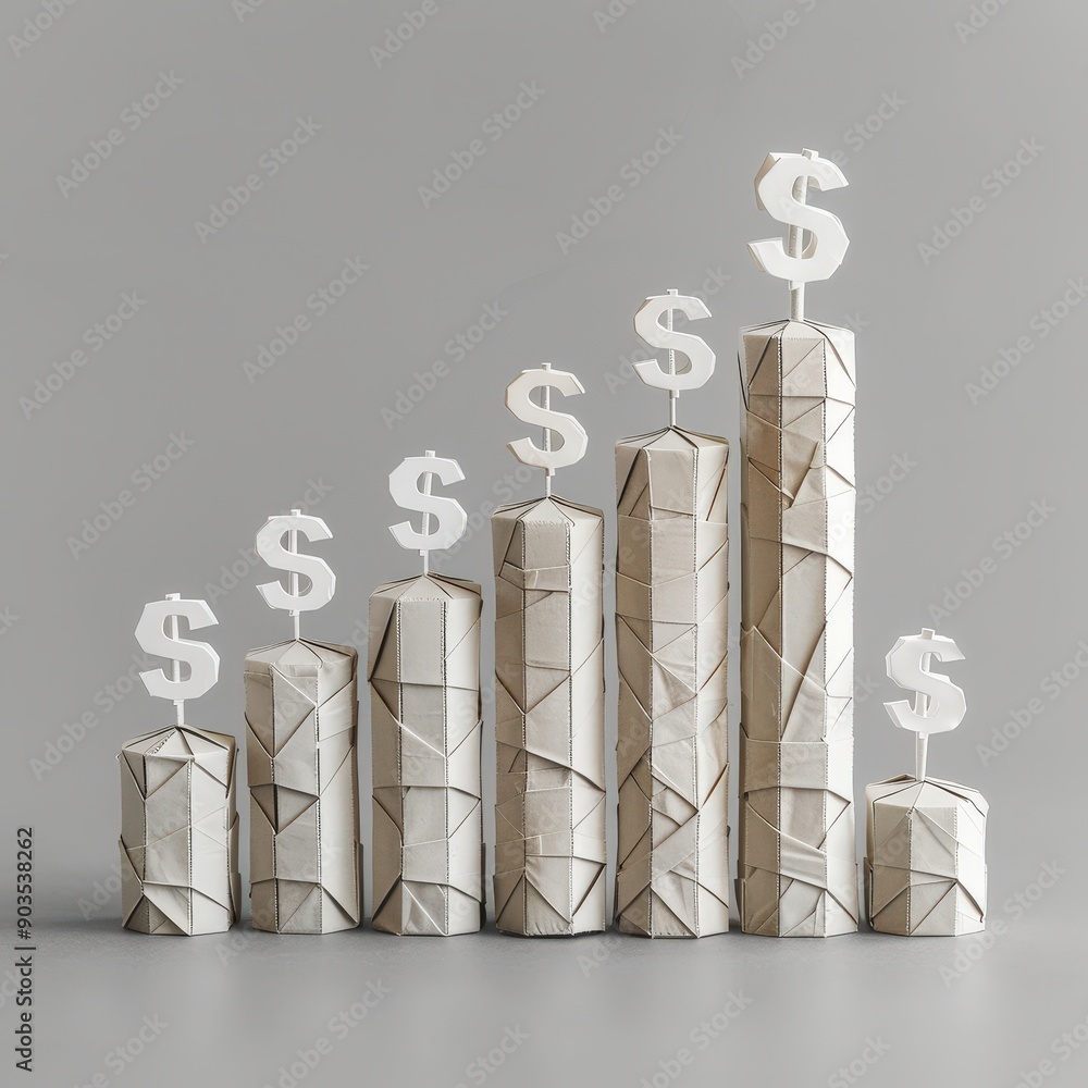 Origami bar graph rising with dollar symbols on a plain grey background ...