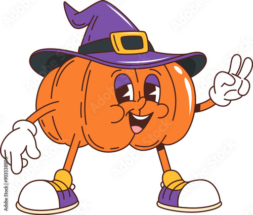 Cartoon groovy Halloween pumpkin character. Cheerful vector jack lantern personage with expressive eyes wearing a witch hat, flashing a peace sign, and smiling, showcasing a friendly and festive mood