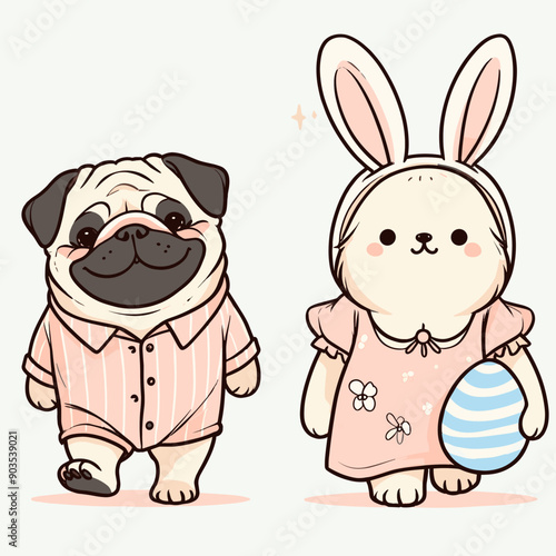 A cute pug wearing pajamas stands next to a bunny in a pink dress and bunny ears holding an Easter egg.