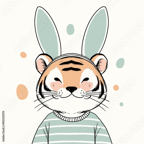 A cute tiger wearing bunny ears and a striped sweater, surrounded by colorful dots.