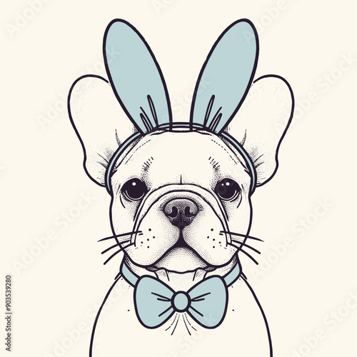 A cute white French bulldog wearing blue bunny ears and a bow tie.
