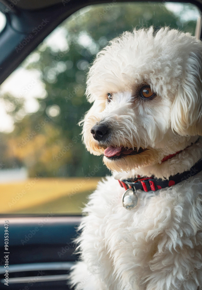 Bichon Frise in a car a Sunny Day Bichon Frise in a car a Sunny Day