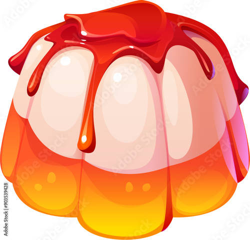 Cartoon panna cotta confectionery and sweet pastry. Vector jelly dessert with soft, smooth, creamy and wobbly texture, topped with vibrant red fruit sauce. Gourmet treat in shades of orange and yellow