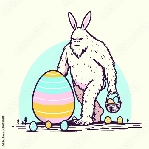 A hairy, bunny-eared creature carries a basket of Easter eggs, standing next to a giant Easter egg.