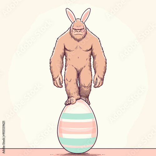 A hairy, muscular creature with bunny ears balances on a giant Easter egg.
