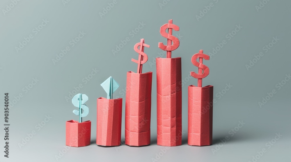 Origami bar graph rising with dollar symbols on a plain grey background ...