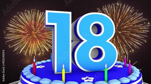 18 years, 18th birthday kids, children cake animation 3d render with confetti and balloon background. 4k