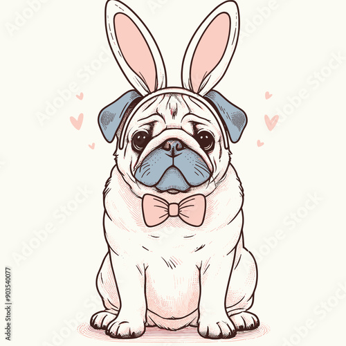 Cute pug wearing bunny ears and a bow tie, sitting and looking at the camera.