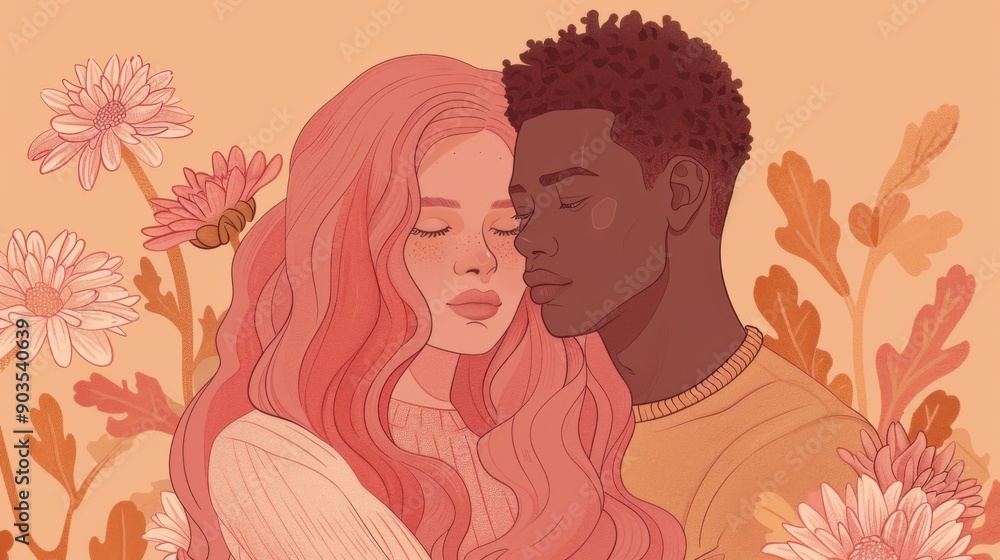 Chinese minimalism illustration, portrait of an African and Caucasian couple, woman with long, curly rose pink hair, wearing a cardigan, hugging the man from behind; man with short, wavy brown hair Chinese minimalism illustration, portrait of an African and Caucasian couple, woman with long, curly rose pink hair, wearing a cardigan, hugging the man from behind; man with short, wavy brown hair