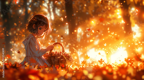 anime girl with short hair in an autumn forest holding basket full of fruits under golden sunlight © Art_spiral