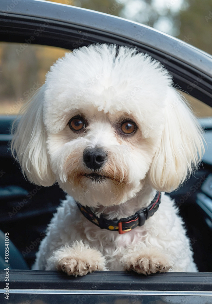 Curious white fluffy dog looking out of a car window Curious white fluffy dog looking out of a car window