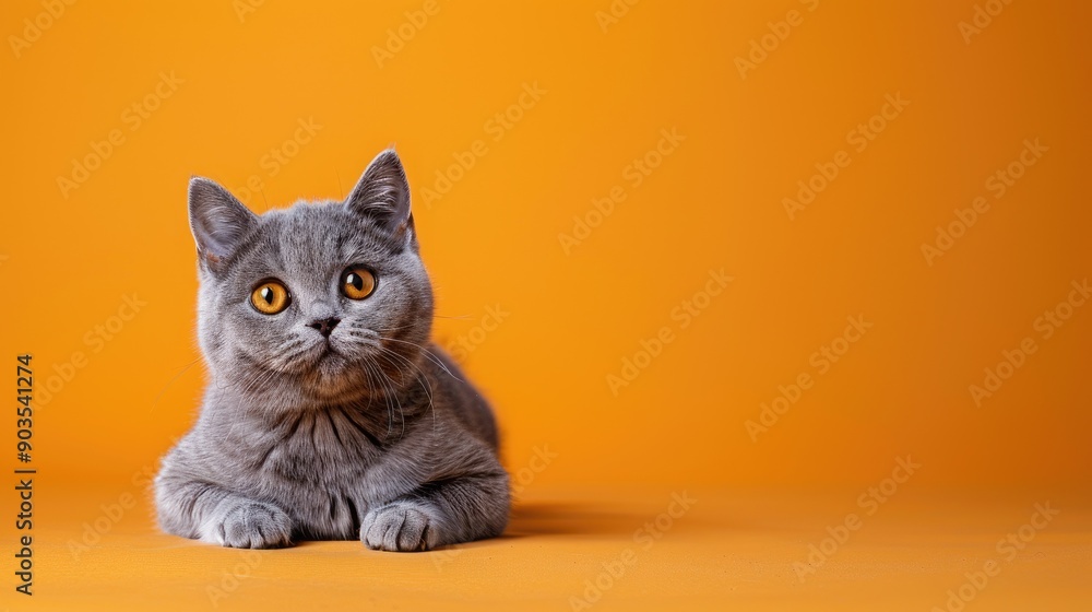 A Gray Tabby Cat with Yellow Eyes Sitting on an Orange Background A Gray Tabby Cat with Yellow Eyes Sitting on an Orange Background