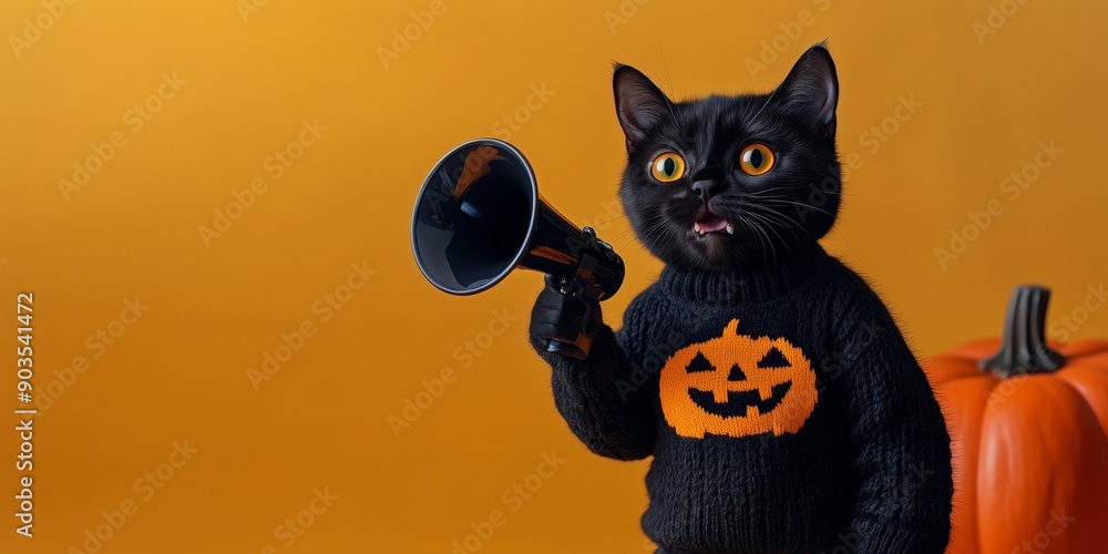 a black cat holding a megaphone wearing a black knitted sweater with a jack o lantern pumpkin on it orange background for Halloween, banner with copy space area. Web design element for advertising and a black cat holding a megaphone wearing a black knitted sweater with a jack o lantern pumpkin on it orange background for Halloween, banner with copy space area. Web design element for advertising and