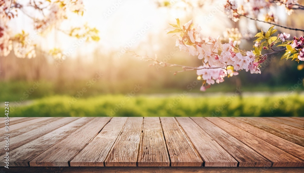 Empty wooden table on nature outdoor for free space for product. Spring beautiful background Empty wooden table on nature outdoor for free space for product. Spring beautiful background