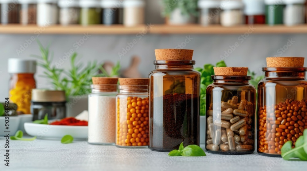 Dietary supplements for aging being showcased and emphasized during a cooking class setting with various jars spices and herbs neatly organized on shelves in a kitchen interior Dietary supplements for aging being showcased and emphasized during a cooking class setting with various jars spices and herbs neatly organized on shelves in a kitchen interior