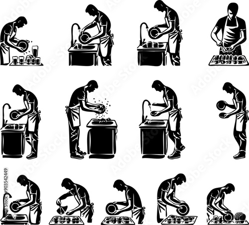 man washing dishes silhouette illustration